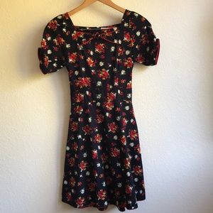 Modcloth Black Floral A-Line Dress with Red & White Flowers